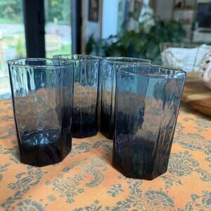Libbey Facets Set of 4 Cobalt Blue 8-Sided Textured Glass Juice Glasses‎